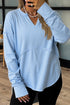 Raw Edge Notched Neck Terry High Low Long Sleeve Top
